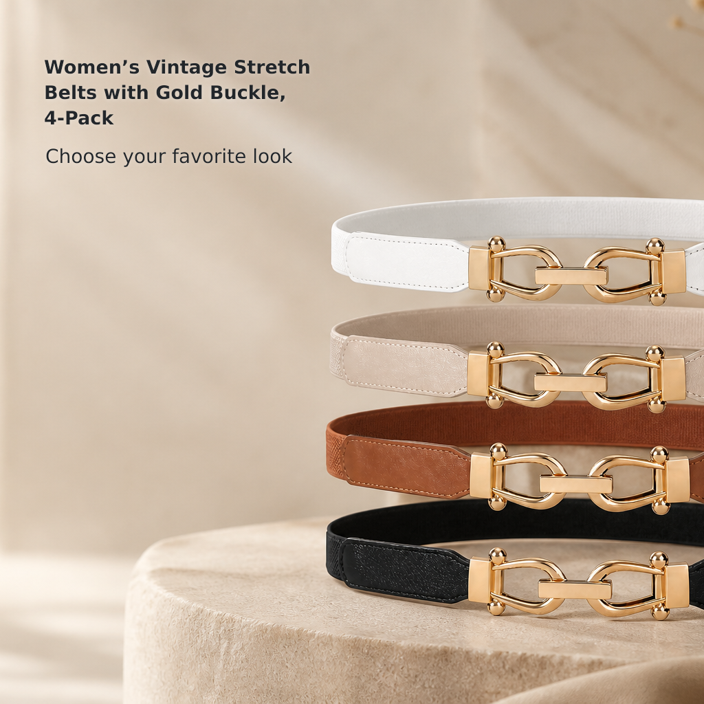 Women’s Vintage Elastic Waist Belts with Gold Buckles, 4-Pack