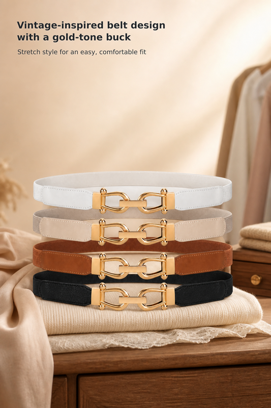 Women’s Vintage Elastic Waist Belts with Gold Buckles, 4-Pack