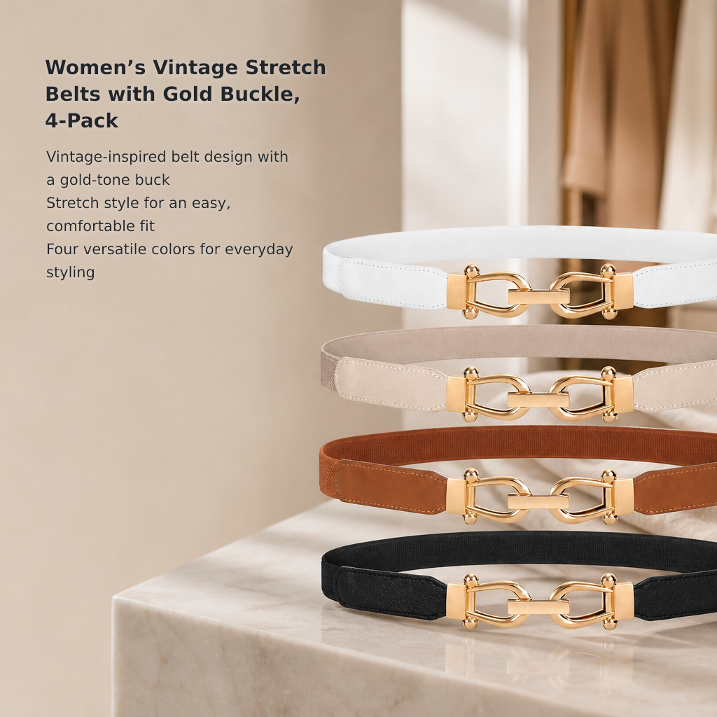 Women’s Vintage Elastic Waist Belts with Gold Buckles, 4-Pack