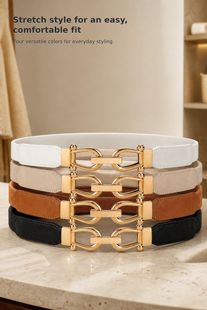 Women’s Vintage Elastic Waist Belts with Gold Buckles, 4-Pack